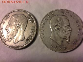 5 франков Бельгии 1870г, + 5 лир Италии 1876г. Серебро. - 1414504963903