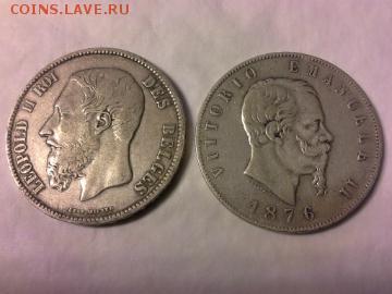 5 франков Бельгии 1870г, + 5 лир Италии 1876г. Серебро. - 1414504963701