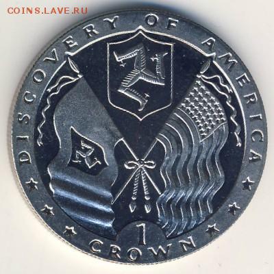 Крона Шайба Остров Мэн 1 крона 1992 Открытие Америки - krona_shajba_ostrov_men_1_krona_1992_zhd_puteshestvie_otkrytie_ameriki_flagi