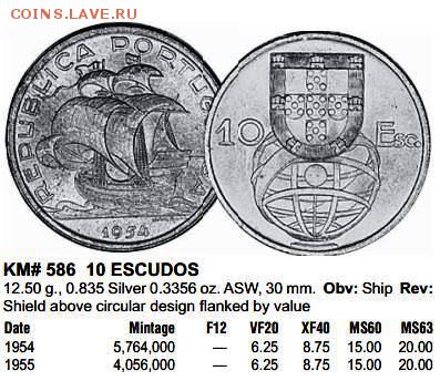 Португалия 10 эскудо 1955 Парусник Unc - КРАУЗЕ.JPG