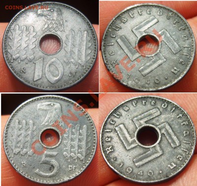 нечастые 5 и 10 пфен 1940 А "3й рейх" цинк с отверстием - 5 и 10 пф 1940 А