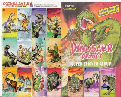 Полная коллекция наклеек от жевачки Dinosaur planet - Планета динозавров 1и 4 стр
