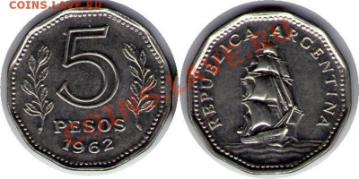 >L< Аргентина 5 песо Парусник 1962 до 7.04.12 18:00 - Аргентина_5_песо Парусник_62