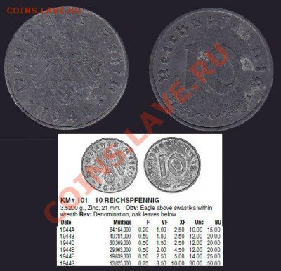 Германия 3йРейх Свастика 10 пфеннигов 1944A До 07.04.12 22:0 - 1