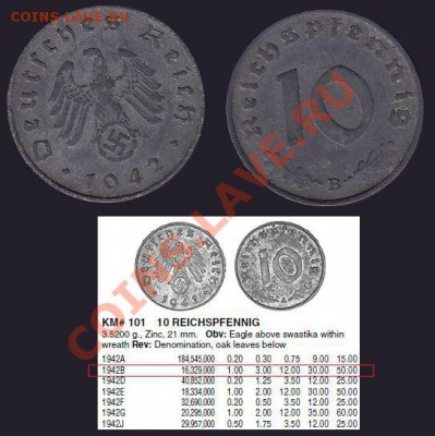 Редкая Германия 3йРейх Свастика 10 пф.1942B До 07.04.12 22:0 - 1