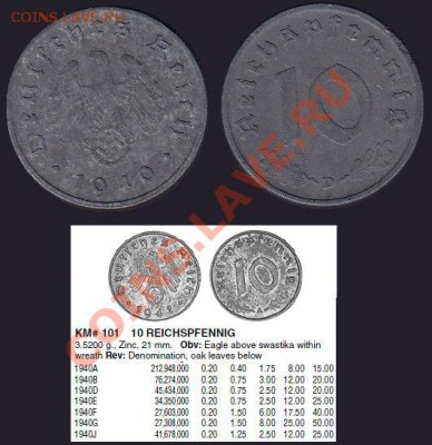 Германия 3йРейх Свастика 10 пфеннигов 1940D До 07.04.12 22:0 - 1