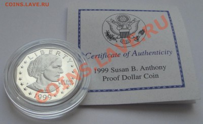 1 доллар Сюзан Энтони 1999 P proof  коробке - 1 доллар + серт 1999 рев