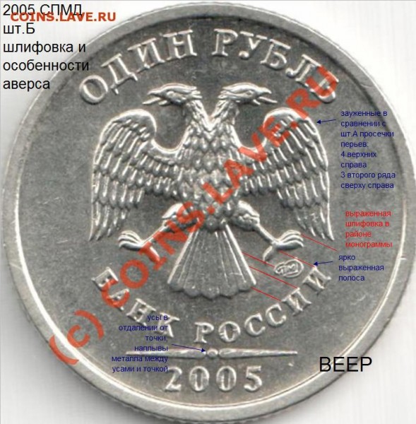 1 рубль 2005 СП ш.Б _ Еще одна попытка - 2005_Б_шлифовка_аверс