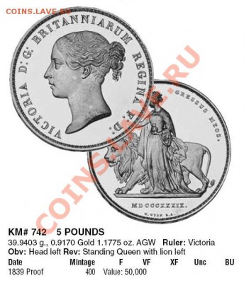 Копия (шайба) 5 фунтов Англия Una & Lion 1839 до 30.05 22-00 - 5 фунтов-каталог.JPG