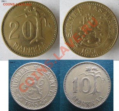 Разная инострань - 296 1 и 2 Финляндия 20 марок 1954 и 10 марок 1953