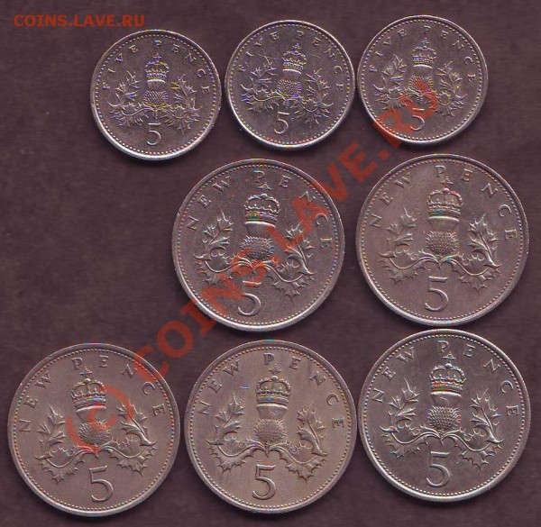 5 пенни Великобритания - 8 шт (с 1 руб). 21.00 6.09.2009 г. - Великобритания_5п.JPG