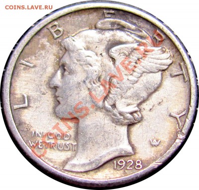 Q52 Ag США 10¢ 1928 Mercury Dime VF-EF до 23.07 в 22°° - Q52 USA 10c 1928 VF-XF_2