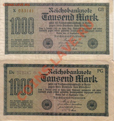 Германия 1000 марок 1922 4 шт разные до 6.08 21.00мск - Германия 1000 марок 1922 4 шт-1
