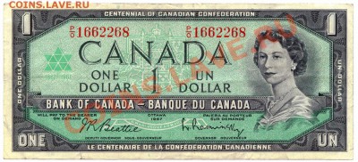 S34 Канада банкнота 1$ 1967 Beattie-Rasminsky 12.09 в 22°° - S34 1$ Canada 1967_1