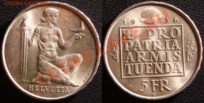 Иностранные монеты форумчан ( Серебро в патине и в Блеске ) - 5 franc 1936 b helvetia s