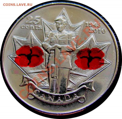 T41 Канада 25¢ 2010 цветной с красным маком UNC 09.10 в 22°° - J26 25c 2010 Pop_1