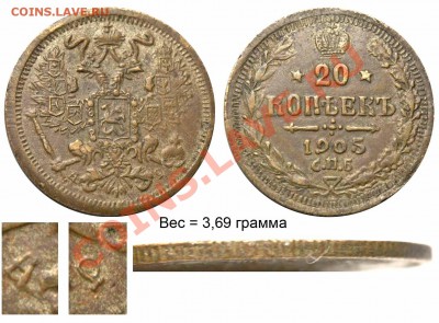 20 копеек 1904 г -БРОНЗА - Фальшак - 20 копеек 1905 СПБ - АР - звезда 5 лучей