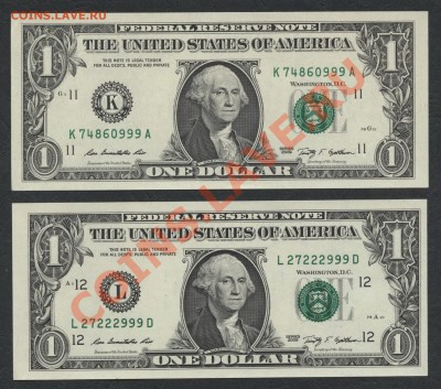 Комплект банкнот 1$ США, UNC. 5шт(A.B.C.K.L) до 18.11 22-00 - 1$ 2009 999ABCKL KL