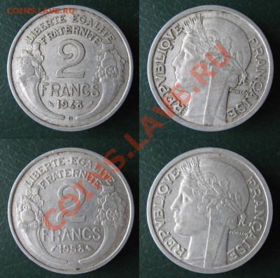 Разная инострань - 345 9 10 Франция 2 франка 1948В и 1958