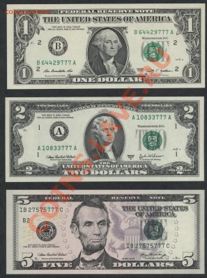 К-т 1-2-5$ США №777,UNC. до 22-00 мск 25.11.12 г. - 1-2-5 дол 777 аверс