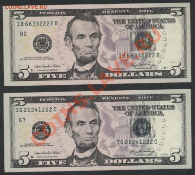 2 банкноты 5$США,UNC по курсу ЦБ до 22-00 мск 25.11.12 г. - 2шт пресс 5дол США номера аверс