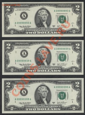 3шт по 2$ США ,UNC ,с № по курсу ЦБ.до 22-00 мск 25.11.12 г - к-т 2дол 6 девяток аверс