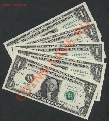 5 банкнот 1$ США,UNC(001)(ABCKL)по курсу ЦБ до 25.11 22-00 - к-т 1 дол ABCKL 001 аверс