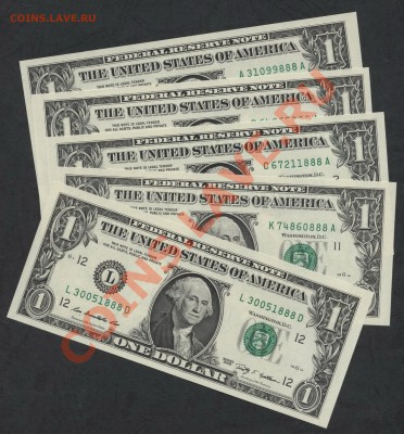5 банкнот 1$ США,UNC(888)(ABCKL)по курсу ЦБ до 02.12 21-00 - к-т ABCKL dct