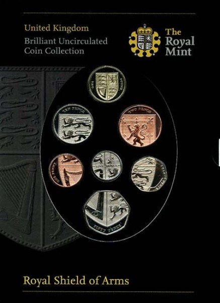 Набор монет Англии, 2008 год, BU - 2008royalshieldofarms7coinbasemetalbucollectioninpresentationsleeve400