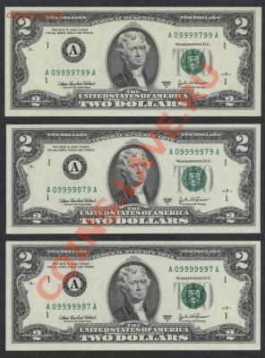 3шт по 2$ США ,UNC ,с № по курсу ЦБ. до 21-00 мск 16.12.12 г - 6 девяток 2$ в№(2)