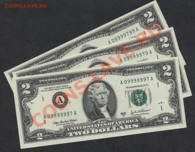 3шт по 2$ США ,UNC ,с № по курсу ЦБ. до 21-00 мск 16.12.12 г - 6 девяток 2$ в№(1)