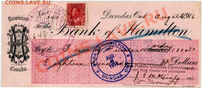 U98 Канада чек Bank of Hamilton 1916 г. до 14.01 в 22°° - U98 Bank of Hamilton 1800_1