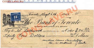 V03 Канада чек Bank of Toronto $34,50 1946г. до 15.01 в 22°° - V03 Bank Of Toronto 34.50 1946 Sept 6th_1