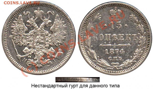 20 копеек 1874 год - 15 копеек 1874 СПБ-HI №1 - гурт смешанный 