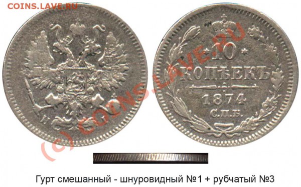 20 копеек 1874 год - 10 копеек 1874 СПБ-HI №1 - гурт смешанный 