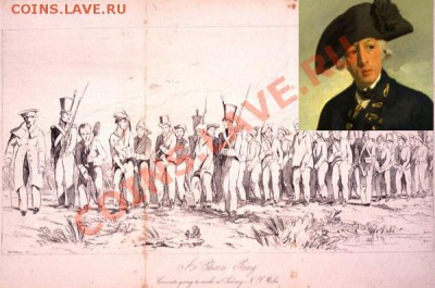 Артур Филлип. Портрет работы Френсиса Уитни (1786). Национальная портретная галерея, Лондон.Колонна каторжников в цепях в Сиднее, рисунок Джеймса и Эдварда Бэкхаусов, 1842. - Sidney