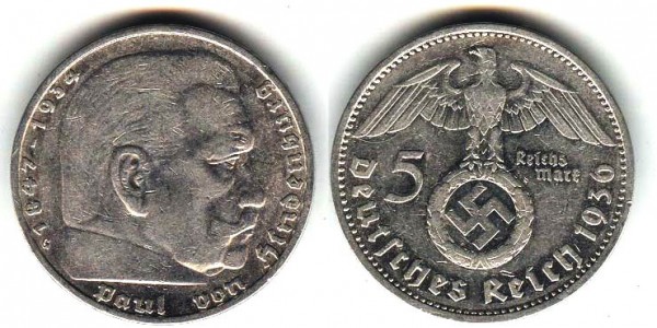 5 марок Рейха 1936G -редкая. - 5м 36 g