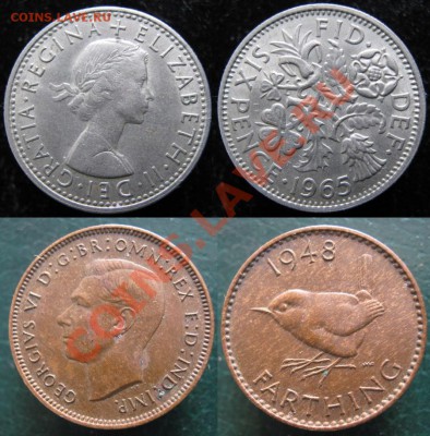 Разная инострань - 367 9 10 Великобритания 6 пенсов 1965 и фартинг 1948
