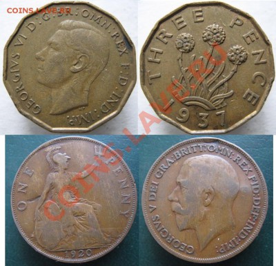 Разная инострань - 367 3 4 Великобритания 3 пенса 1937 и пенни 1920