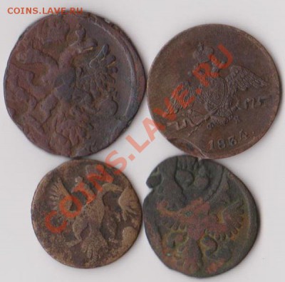 полушка 1735, деньга - 2-й удар, полушка залипуха,1 коп.1834 - ошибки1 001
