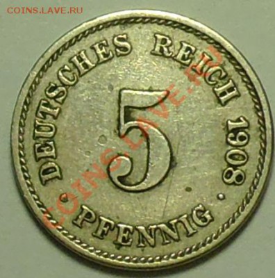 ГЕРМАНСКАЯ ИМПЕРИЯ - 5 фенигов 1908 G - до 7 февраля - 156