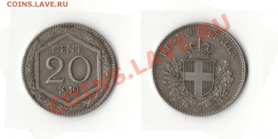 Италия 20 чентизими 1919 (редкий год) до 07.02.13 22:00 - 30-italy