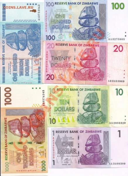 6 бон Зимбабве - Зимб 1-10-20-100-1000-100трилл