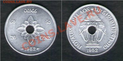 >L< Лаос 20 центов Слоны 1952 до 02.03.13 21:45 - Лаос 20 центов Слоны 52