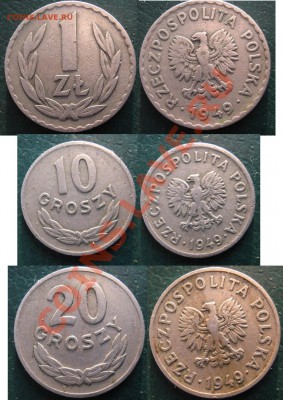 Разная инострань - 385 7 9 Польша 1 зл 10 и 20 гр 1949 мн