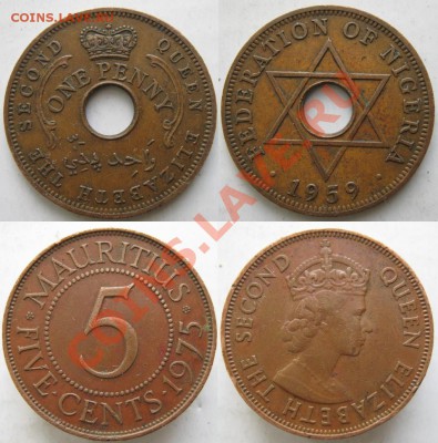 Разная инострань - 387 3 4 Брит Нигерия 1 пенни 1959 и Маврикий 5 с 1975