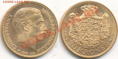 золотые монеты 4 штуки - 20 крон Дания М-8,95гр 1914