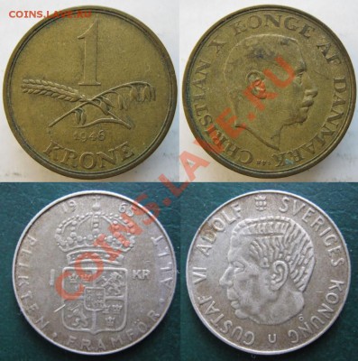 Разная инострань - 388 13 14 Дания 1 крона 1946 и Швеция 1 крона 1965