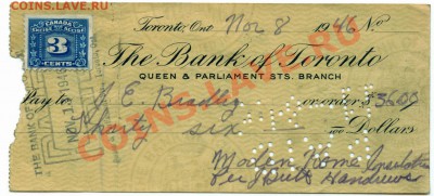 W16 Канада чек Bank of Toronto 1946 $36 26.04 в 22°° - W16 Bank Of Toronto 1946 Smal 36$_1