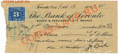 X69 Канада чек Bank Of Toronto $10,03 1947 г. 29.04 до 22°° - X69 Bank Of Toronto_1